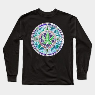 Batik 420 art green blue weed circle stained glass hippie gift Long Sleeve T-Shirt